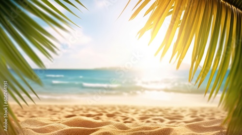 Summer background with frame, nature of tropical golden beach with rays of sun light and leaf palm. Golden sand beach close-up, sea water, blue sky, white clouds. Copy space, summer vacation concept © Eli Berr