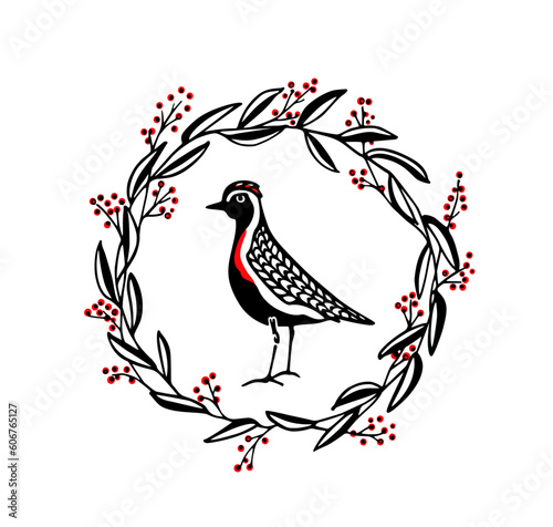 Vector card with hand drawn cute European golden plover in graceful floral wreath with red berries. Beautiful animal design elements, ink drawing, logo template
