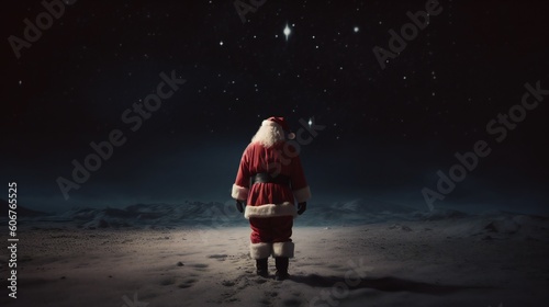 santa claus from the back standing alone and looking forward at night. banner. generative ai