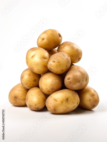 Potatoes stacked in a pyramid on a white background. AI generative