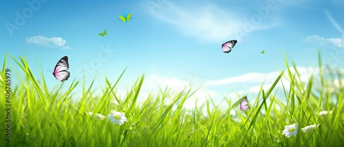 Young green juicy grass and fluttering butterflies in nature against blue spring sky with white clouds. Spring nature panorama