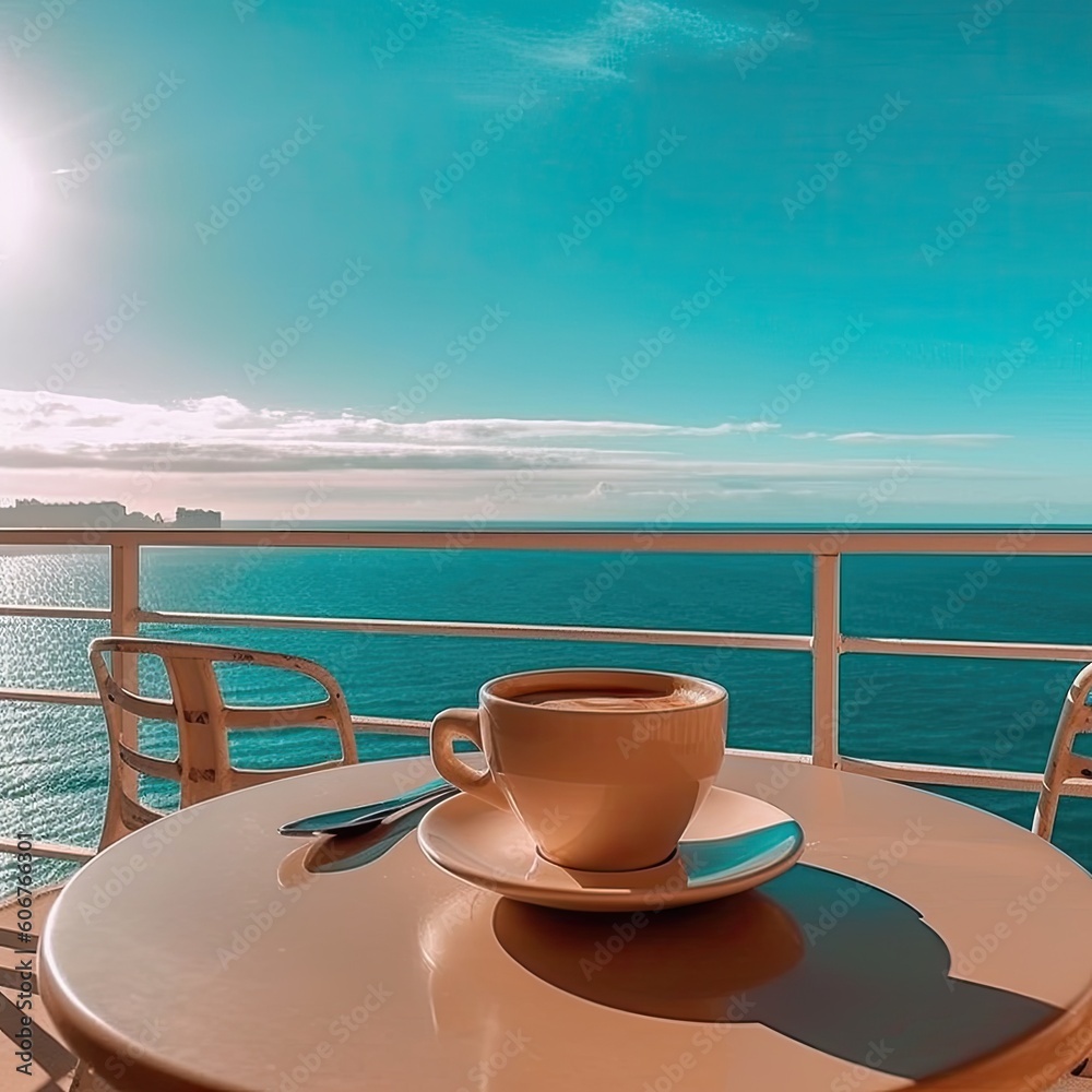 a blue cup of coffee with a sea view Generative Ai a blue cup of coffee with a sea view Generative Ai