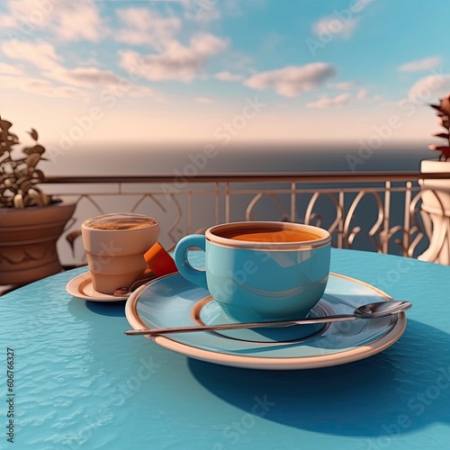 a blue cup of coffee with a sea view Generative Ai