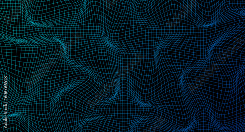 Abstract wavy 3d mesh. Geometric dynamic wave. Distorted square grid. Warped mesh texture. Wireframe wave geometry grid. Vector illustration