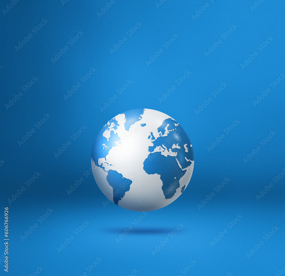 World globe, earth map, isolated on blue. Square background