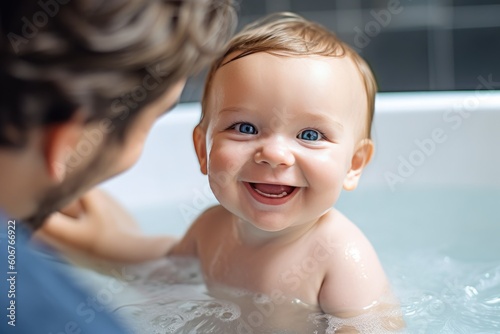 Tender moments in the bath: Father's love and care. Generative AI © YouraPechkin