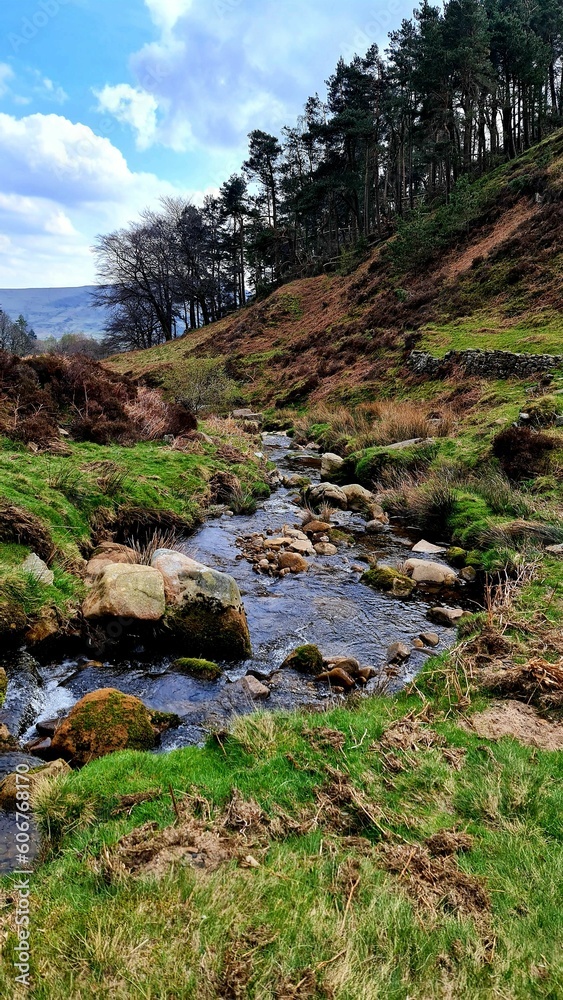 Vertical shot of a narrow stony river in the Peak District National park