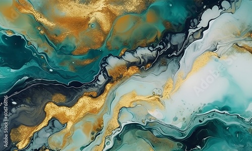 Luxury abstract fluid art painting background alcohol ink technique drak green and gold