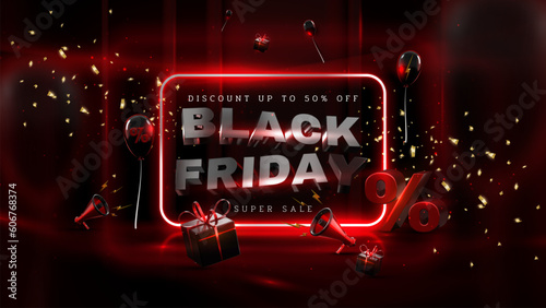Black friday background with realistic gift box elements and balloons on red square frame and neon light effects and bokeh. Discount label template design. Vector illustration.