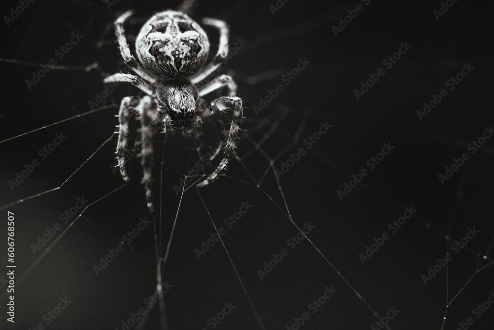Φωτογραφία Close up of a European garden spider at the center of its web in black and white