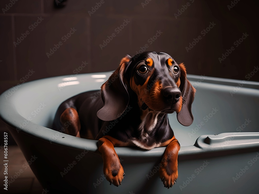 Dachshund dog bathing in a bathtub, ai generated Stock Illustration