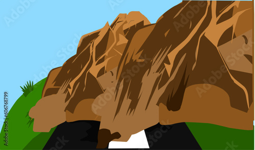 Stones fell from the mountains onto an impassable road. landslide concept