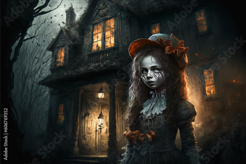 A young girl wearing gothic outfit stands in front of a haunted house - Generative AI