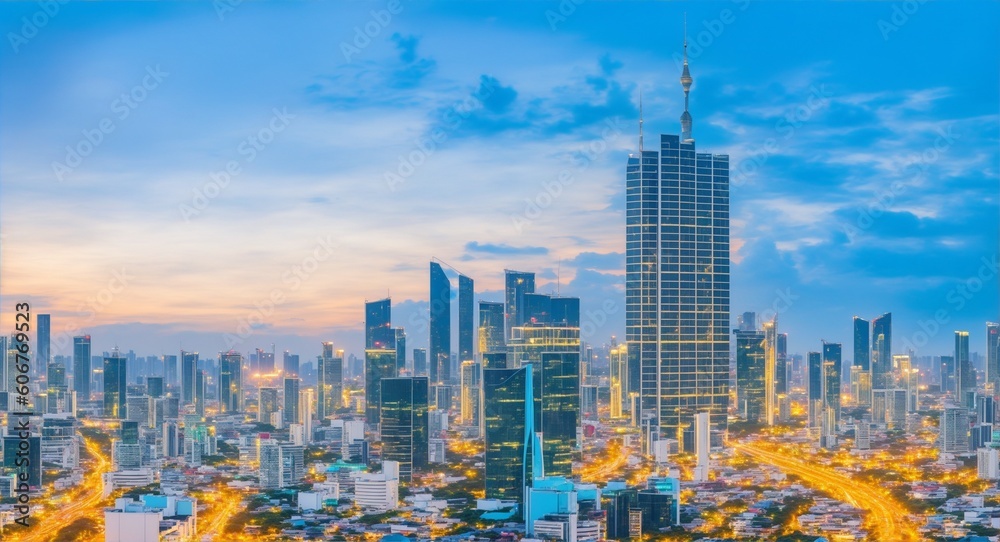 Technology and travel in Asia cityscape urban landmark,. Thailand night city skyline with modern skyscraper architecture building, generative ai