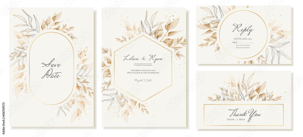 Wedding invitation and thank you card templates in beige, gold colors with watercolor leaves. Vector Wedding invitation and thank you card templates in beige, gold colors with watercolor leaves. Vector