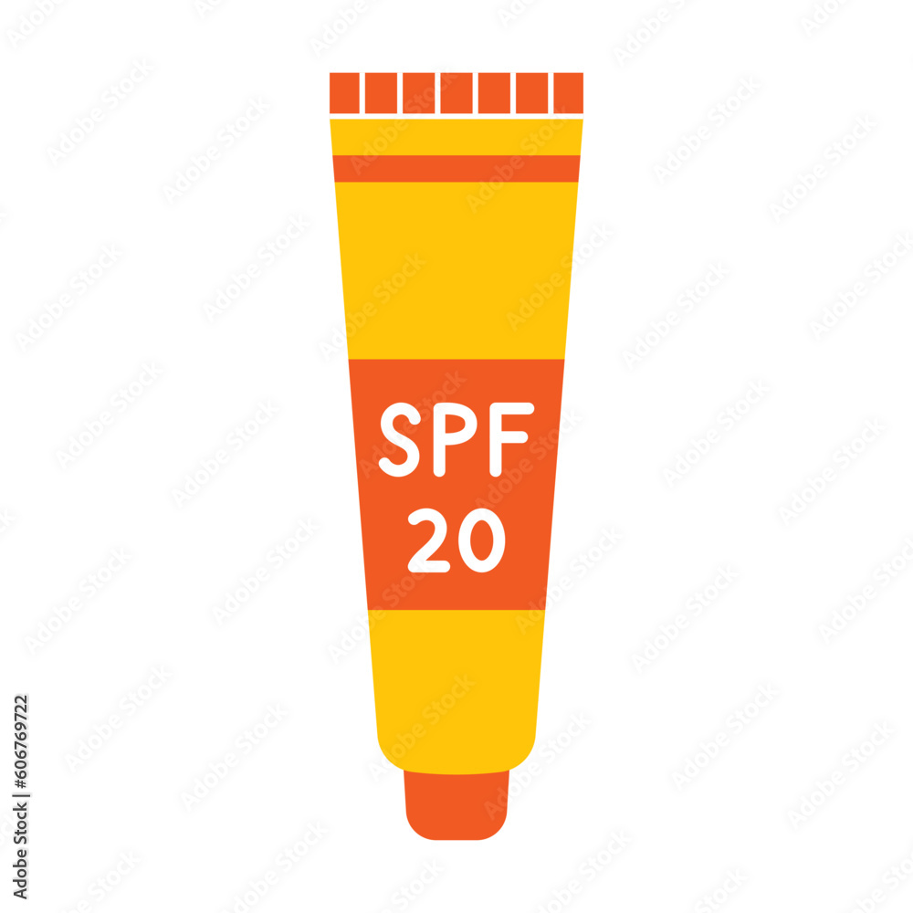 Sunscreen cream tube in flat design. Vector tube of lotion with SPF 20. Skin protection from sun. Tube of sunblock cream. Summer daily cosmetic in red and yellow colors. Sunscreen skin care product. Sunscreen cream tube in flat design. Vector tube of lotion with SPF 20. Skin protection from sun. Tube of sunblock cream. Summer daily cosmetic in red and yellow colors. Sunscreen skin care product.