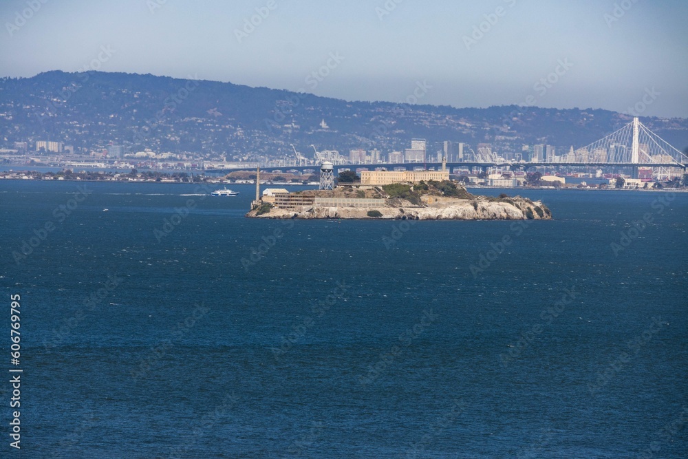 View of Alcatraz penitentiary prison jail island in San Francisco Bay.