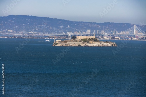 View of Alcatraz penitentiary prison jail island in San Francisco Bay.