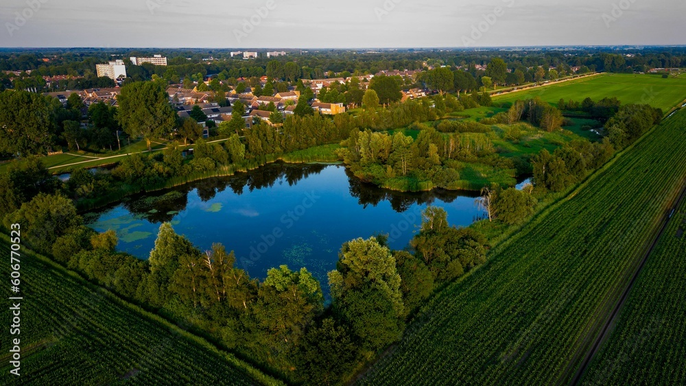 Aerial view of Heerenveen with blue lakes in Friesland, the Netherlands