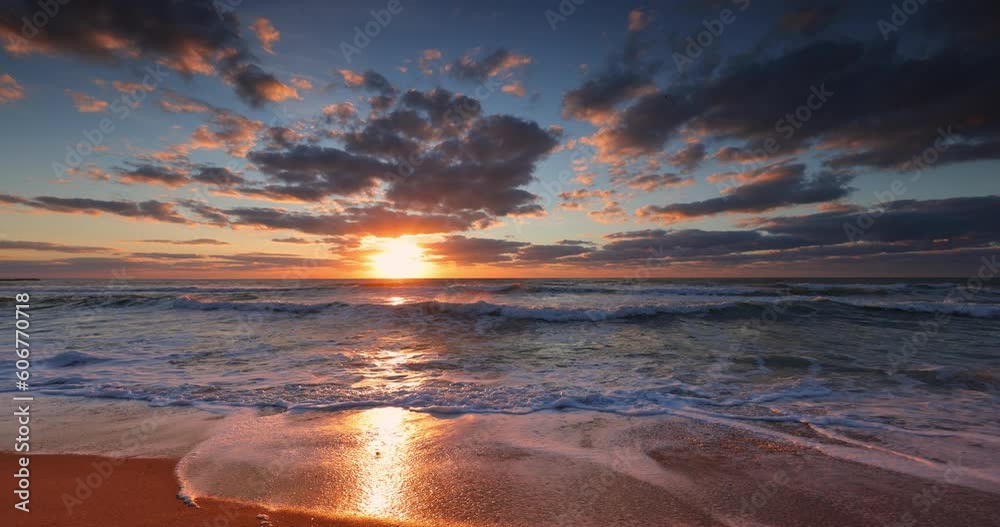 Tropical ocean beach and beautiful color sunrise over caribbean sea shore, Dominican Republic 4k video