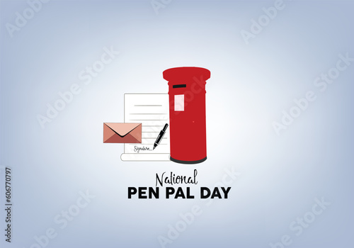 The design includes encouraging text, a pen, a letterbox, and a mailbox in honor of Pen Pal Day. 
