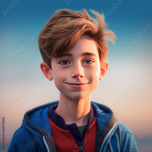 Cute cartoon 10 years old teen boy smiles joyfully over evening sea coast, AI generated illustration