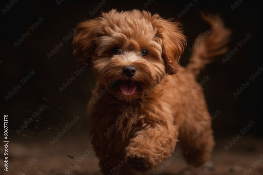 Maltipu puppy - red poodle and Maltese mix - happy jumping at studio over dark background, AI generated