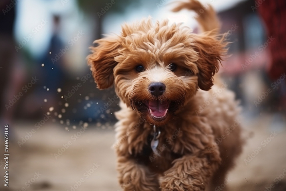 Maltipu puppy - red poodle and Maltese mix - happy jumping outdoor, AI generated Maltipu puppy - red poodle and Maltese mix - happy jumping outdoor, AI generated