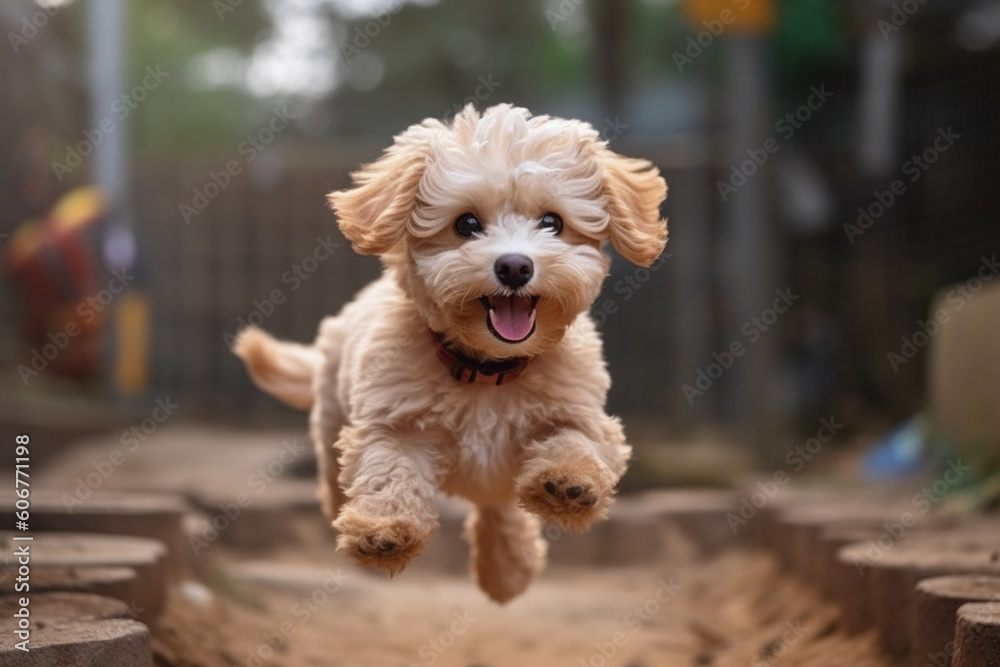 Maltipu puppy - red poodle and Maltese mix - happy jumping outdoor, AI generated Maltipu puppy - red poodle and Maltese mix - happy jumping outdoor, AI generated