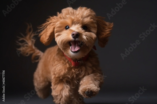 Maltipu puppy - red poodle and Maltese mix - happy jumping at studio, AI generated
