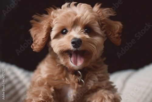 Maltipu puppy - red poodle and Maltese mix - happy smiling at home, AI generated
