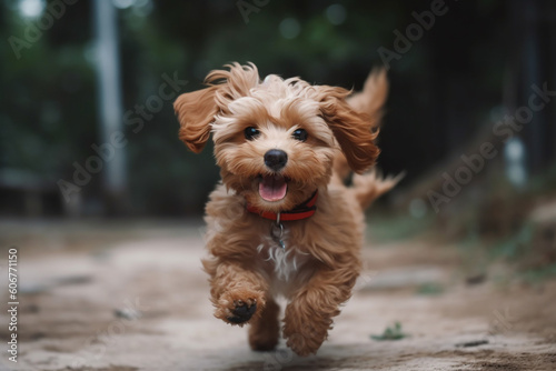 Maltipu puppy - red poodle and Maltese mix - happy jumping outdoor, AI generated © Khorzhevska