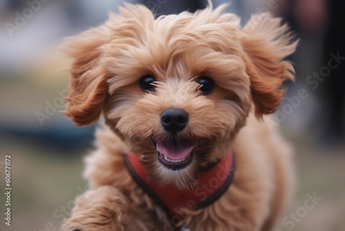 Maltipu puppy - red poodle and Maltese mix - happy jumping outdoor, AI generated