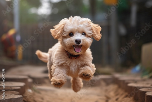 Maltipu puppy - red poodle and Maltese mix - happy jumping outdoor, AI generated