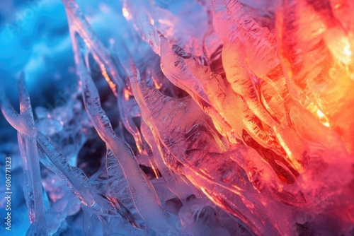 Icicles in the ice cave, close-up macro photo. Generated AI