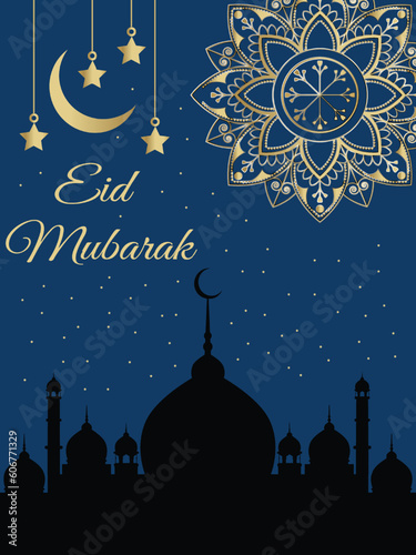 Eid Mubarak with mosque silhouette for greeting card, vector. blue twinkle star background with the isolated mosque. islamic design with mosque and blue background. vector illustration.