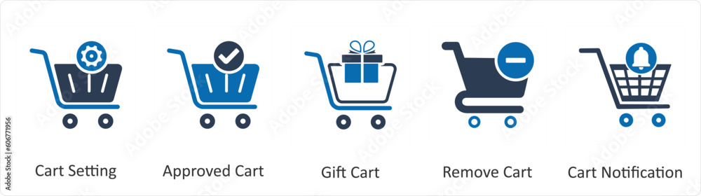 A set of 5 Business icon as cart setting, approved cart, gift cart