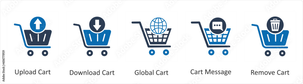 A set of 5 Business icon as upload cart, download cart, global cart A set of 5 Business icon as upload cart, download cart, global cart