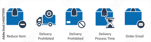 A set of 5 Business icon as reduce item, delivery prohibited, delivery process time
