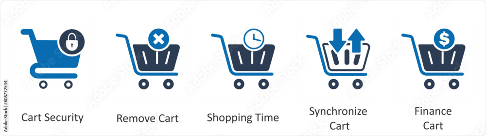 A set of 5 Business icons as cart security, remove cart, shopping time A set of 5 Business icons as cart security, remove cart, shopping time