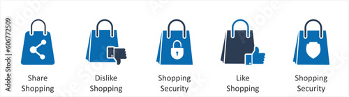 A set of 5 Business icons as share shopping, dislike shopping, shopping security