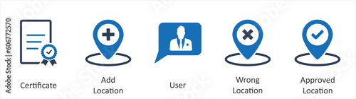 A set of 5 Business icons as certificate, add location, user