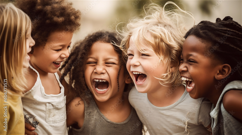 Warmly laughing children in a group, generative AI Warmly laughing children in a group, generative AI