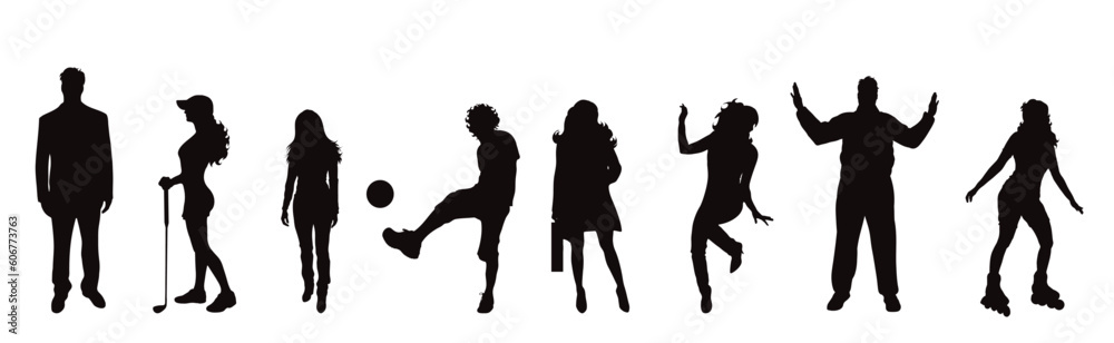 Set of vector silhouette of different people on white background.