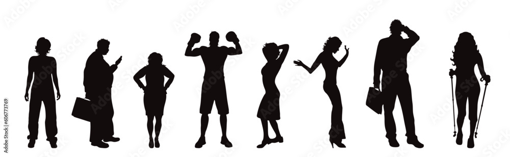 Set of vector silhouette of different people on white background.