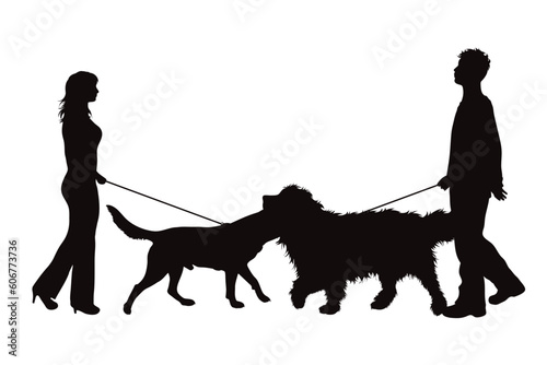 Vector silhouette of couple with dogs on white background.