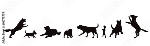 Set of vector silhouette of different dogs on white background.