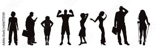 Set of vector silhouette of different people on white background.