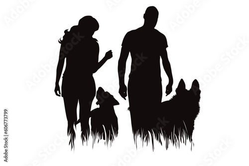 Vector silhouette of couple with their happy dogs in park on white background.