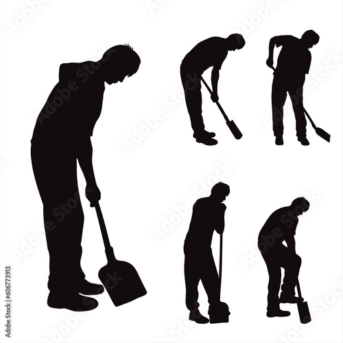 Set of vector silhouette of men with gardens tools on white background.